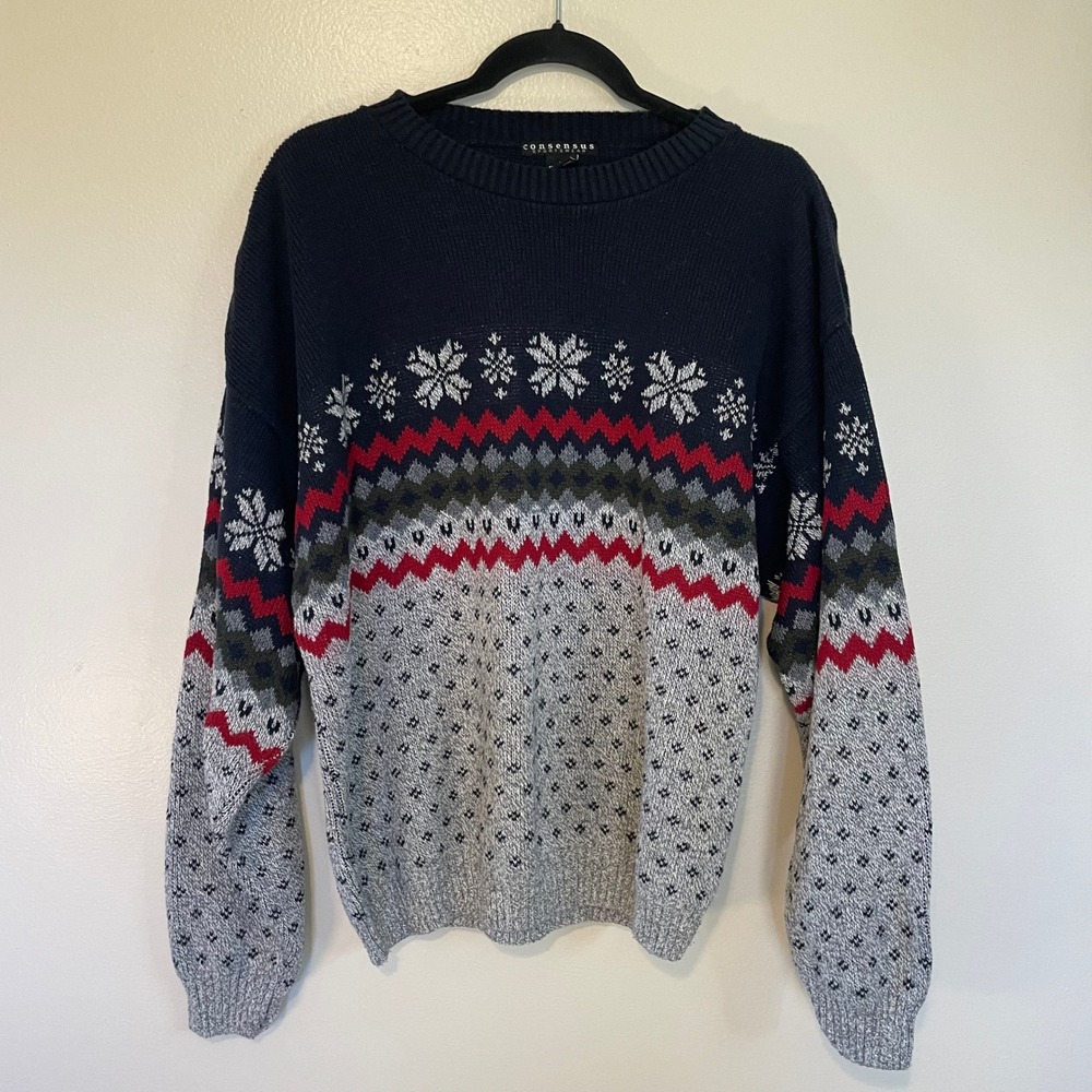 VTG Consensus Fair Isle NORDIC Snowflake Retro Knit Sweater Cozymaxx Preppy Ski